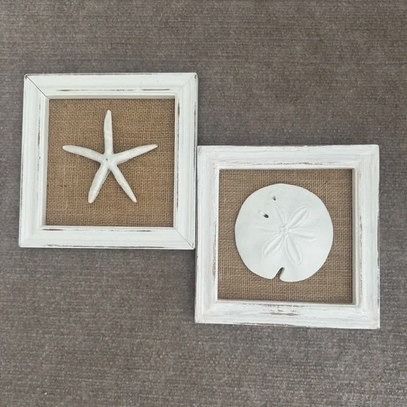 Coastal Starfish & Sand Dollar Wall Art Set Rustic Beach Decor Burlap Background - Picture 2 of 6